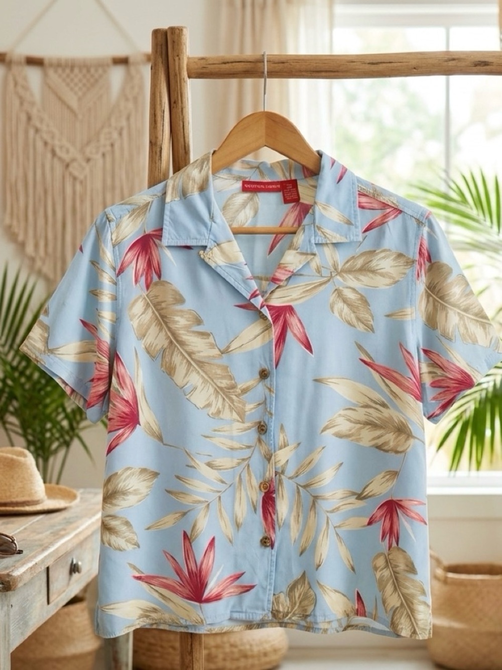 Y2K Gloria Vanderbilt Light Blue Tropical Leaf-Print Short Sleeve Shirt